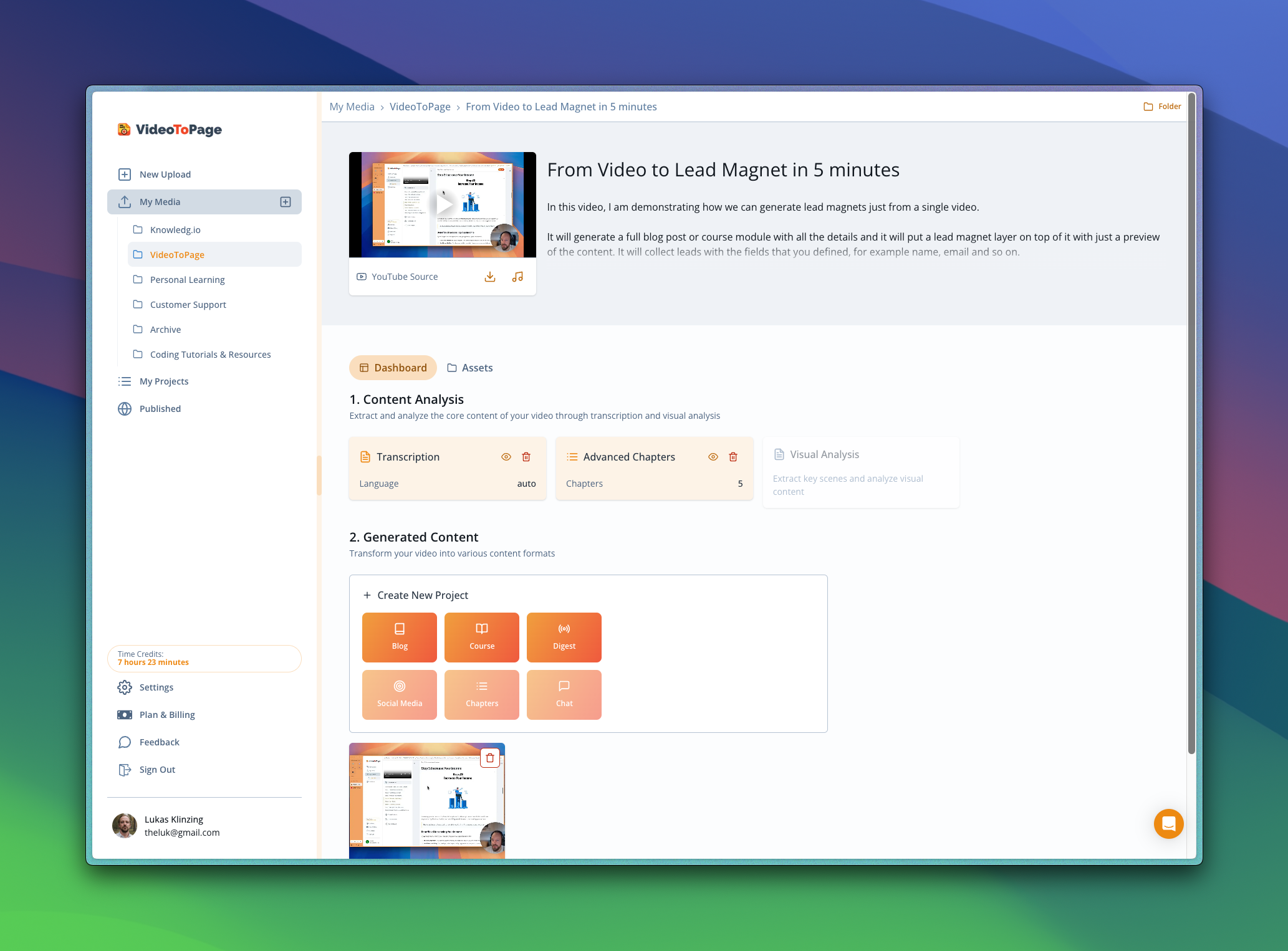 VideoToPage SEO optimization interface showing meta tags and schema